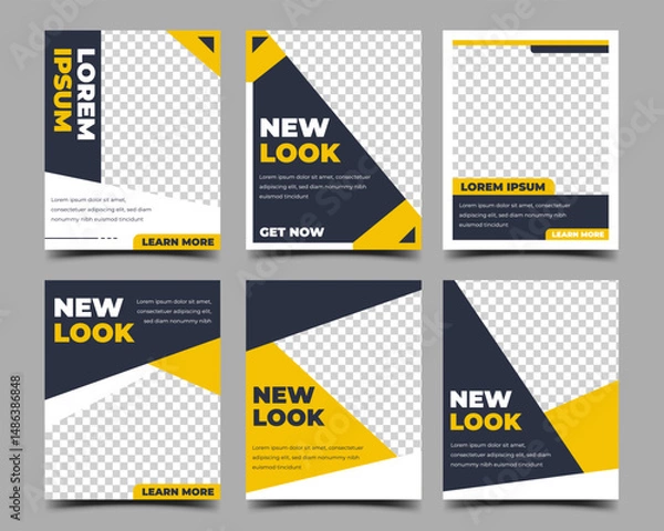 Fototapeta Set of modern social media post template design collection. Square banner with dark and yellow color. 4:5 ratio promotional template banner ads.