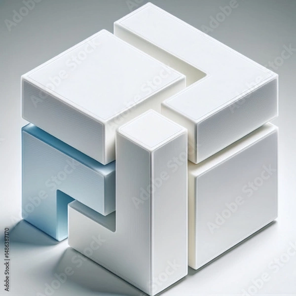 Fototapeta geometric puzzle, interlocking blocks, cube structure, 3D construction, spatial design, modular shape, abstract geometry, mechanical concept, structural arrangement, puzzle piece assembly, three-dimen