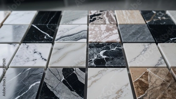Obraz Assortment of square marble tiles displaying various patterns and color variations in a grid arrangement