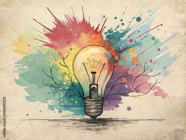 Obraz Creative Light Bulb Illustration with Vibrant Watercolor Splashes in Rainbow Colors on a Vintage Background for Artistic Inspiration and Innovation Concepts