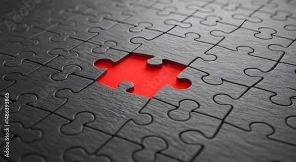 Obraz Close up of a black jigsaw puzzle with a missing red piece