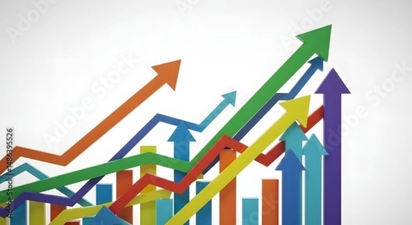 Obraz Colorful arrows and bars showing upward trends on a white background