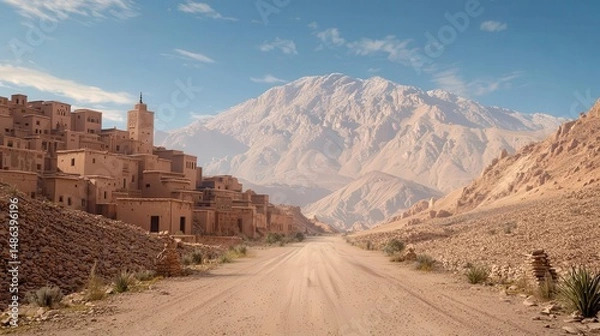 Obraz Desert landscape with mountains and traditional architecture.