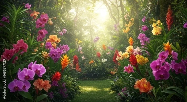 Obraz Lush Tropical Garden with Vibrant Orchids and Sunlight