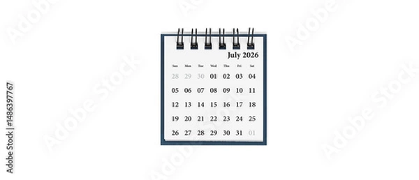 Fototapeta Desktop calendar for July 2026 in white colour. Mini planner for business and finance, spiral view on isolated white background close up.