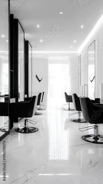 Fototapeta Modern minimalist hair salon with black and white design featuring clean lines and soft lighting in a spacious layout