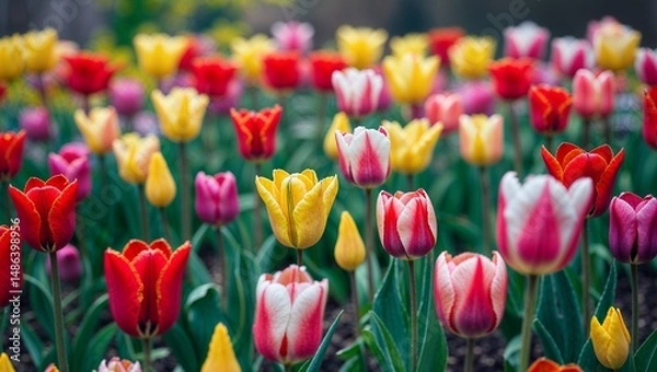 Fototapeta A vibrant field of colorful tulips in full bloom creating a picturesque and cheerful spring landscape