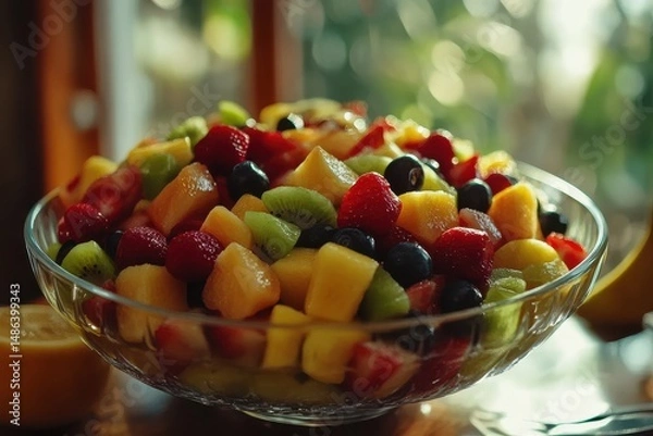Fototapeta Fresh fruit salad in a clear bowl displayed on a sunny table, Fruit salad on table with fresh fruits  Photo
