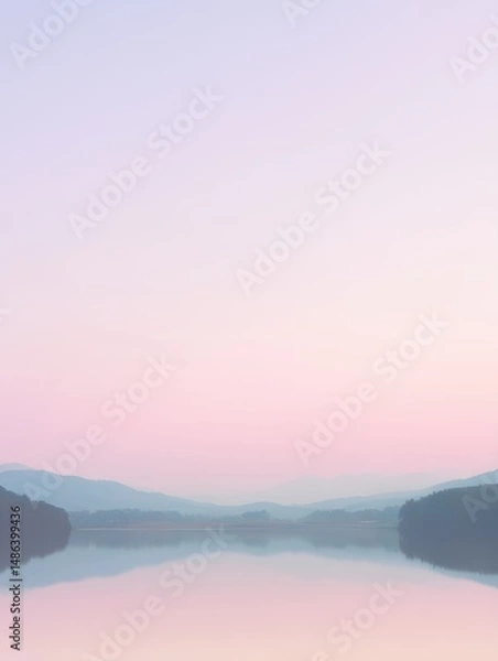Fototapeta Serene Sunrise Reflection Over a Tranquil Lake Surrounded by Silhouetted Mountains and Soft Pastel Sky in Early Morning Light