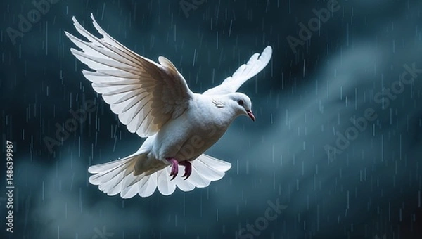 Fototapeta A white dove flying with its wings spread wide open in the rain against a dark cloudy background
