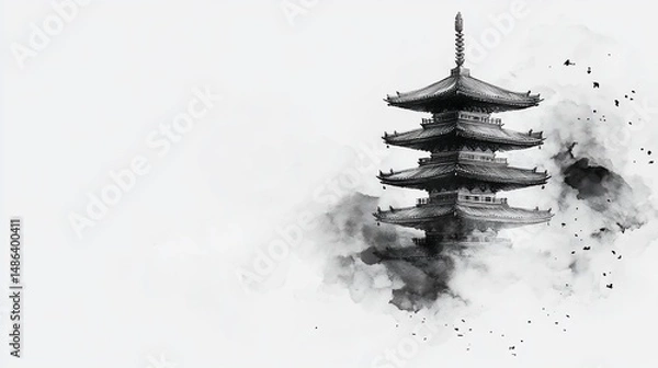 Fototapeta Ink wash painting of a pagoda with a serene, misty atmosphere in black and white