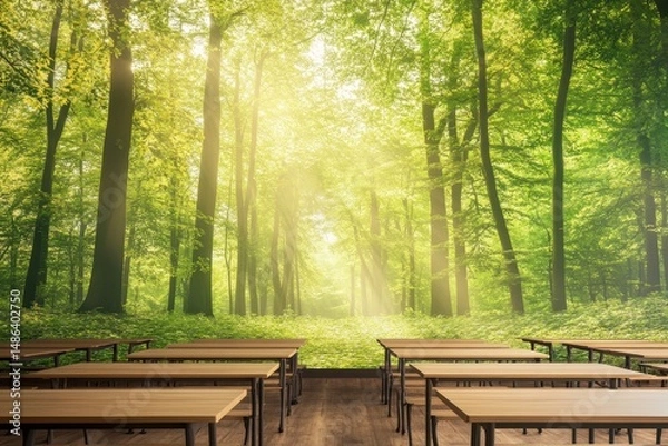 Obraz Classroom designed with a spring forest theme creating a peaceful learning environment, Classroom with a spring forest theme, Seamless ing Photo background
