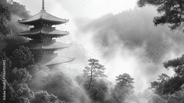 Fototapeta Japanese pagoda emerges from mist in a serene, mountainous landscape, trees and fog