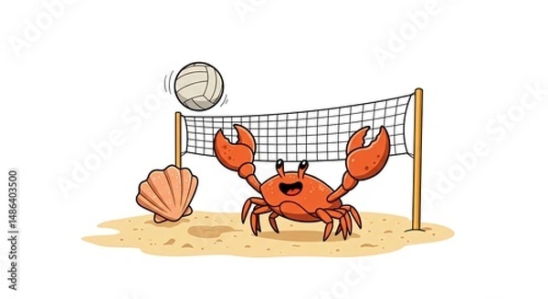 Obraz Animated Crab Playing Volleyball on a Beach with a Seashell Next to Him