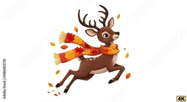 Obraz A Whimsical Deer Joyfully Leaping Through an Autumnal Wonderland of Falling Leaves and Festive Scarf