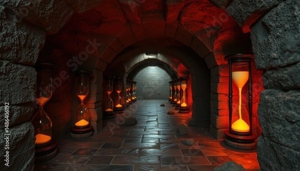 Fototapeta Stone tunnel hourglasses: time, countdown, history, passage, deadline, ancient