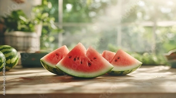 Fototapeta Juicy watermelon slices on a wooden table with a blurred green garden backdrop. Fresh, summery vibes