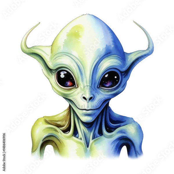 Fototapeta alien, ufo, space alien man with big eyes, watercolor illustration. artificial intelligence generator, AI, neural network image. background for the design