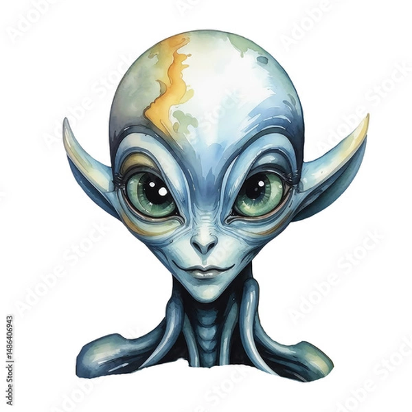 Fototapeta alien, ufo, space alien man with big eyes, watercolor illustration. artificial intelligence generator, AI, neural network image. background for the design