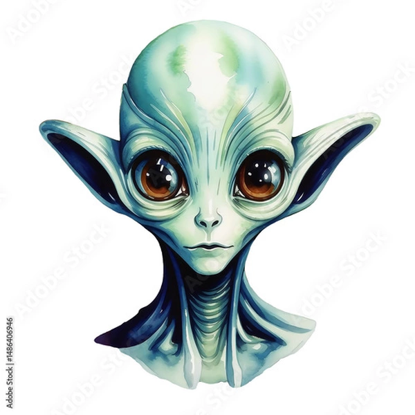 Fototapeta alien, ufo, space alien man with big eyes, watercolor illustration. artificial intelligence generator, AI, neural network image. background for the design