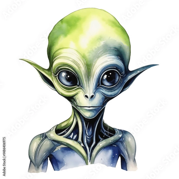 Fototapeta alien, ufo, space alien man with big eyes, watercolor illustration. artificial intelligence generator, AI, neural network image. background for the design