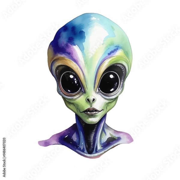 Fototapeta alien, ufo, space alien man with big eyes, watercolor illustration. artificial intelligence generator, AI, neural network image. background for the design