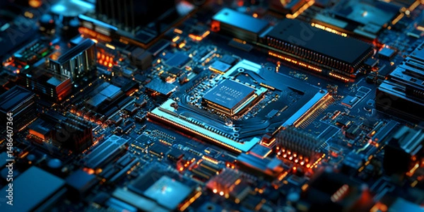 Fototapeta Close-Up of a Futuristic Circuit Board with Glowing Components, Detailed View of an Advanced Electronics Chip with Neon Highlights, electronic circuit board
