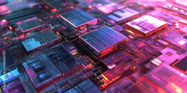 Fototapeta High-Tech Circuit Board: Futuristic Electronics in Vibrant Neon Lights, Advanced Semiconductor Chip: Close-Up of Cutting-Edge Technology