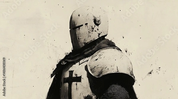 Fototapeta Knight in tarnished white armor, a symbol on chest. Sepia tone, textured background