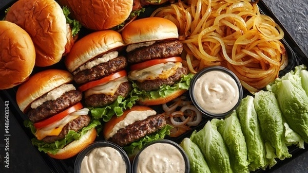 Fototapeta A premium tabletop spread featuring handcrafted burgers creamy onion dips and fresh lettuce wraps overlay cut out on isolated transparent removed background