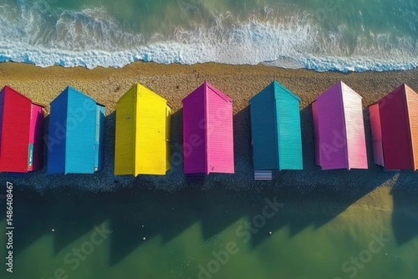 Obraz Colorful beach huts lining Brighton Beach create a vibrant seaside landscape by the shore, Brighton Beach Hove Beach Huts painted colorful aerial drone Photo UK
