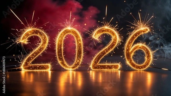 Fototapeta Sparkling golden year two thousand twenty six with red and white smoke on a dark background glow effect