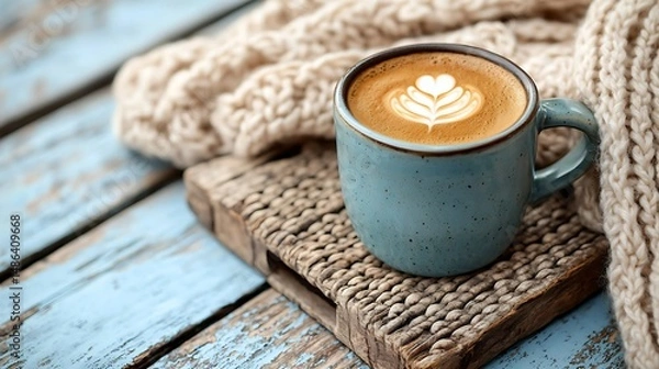 Fototapeta Latte art in blue mug, resting on wooden platform, alongside warm, knit scarf. Cozy vibes