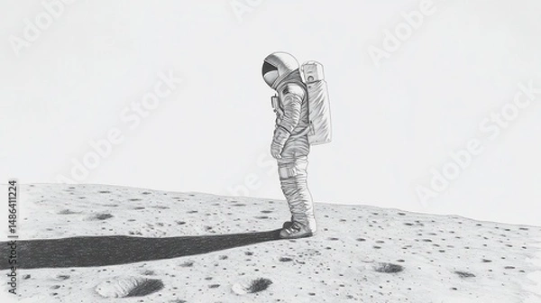 Fototapeta Lone astronaut on moon surface, contemplative, looking down. Detailed pencil sketch. Long shadow, cratered landscape
