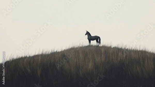 Fototapeta Lone unicorn stands atop a grassy hill, a mythical creature silhouetted against the cloudy sky