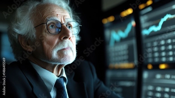 Fototapeta Financial analysis by elderly expert stock market office image of focused introspection digital environment close-up view