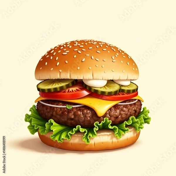 Fototapeta A juicy cheeseburger on a soft, lightly toasted hamburger