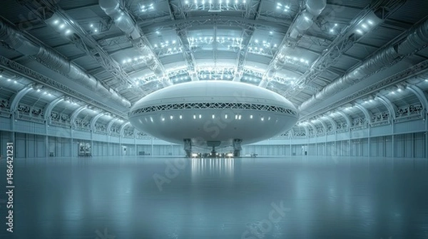 Fototapeta Futuristic interior with a large, circular structure above a reflective surface.
