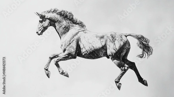 Fototapeta Majestic, grayscale horse leaping gracefully. Muscular build, flowing mane, powerful action pose captured in detail