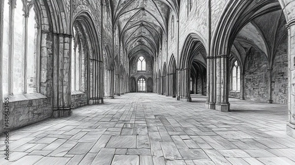 Fototapeta Majestic grayscale interior view of a cathedral with tall arches, columns, and large windows, capturing architectural details