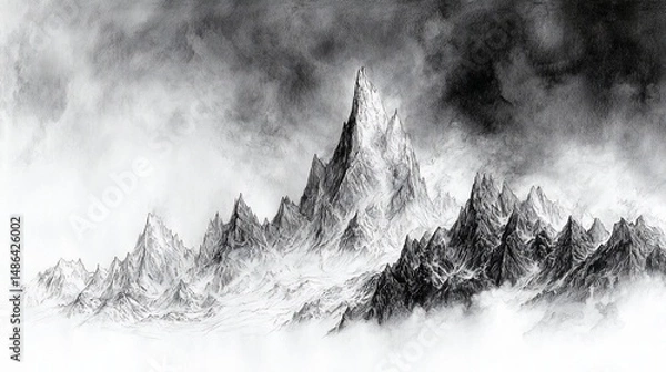 Fototapeta Majestic mountain range shrouded in dramatic clouds.  A powerful, detailed, grayscale landscape