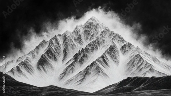 Fototapeta Majestic snow-capped mountain peak, dramatic clouds