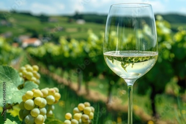 Obraz Sparkling wine glass amidst verdant vineyard.