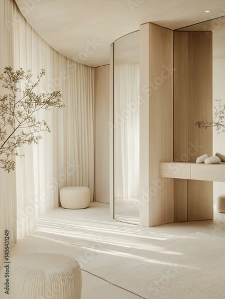 Fototapeta Modern and luxurious bathroom with a curved ceiling. the walls are covered in white sheer curtains, creating a soft and airy atmosphere.