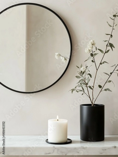 Fototapeta White marble countertop with a round mirror hanging on the wall above it. on the countertop, there is a black vase with white flowers and green leaves. next to the vase, there are two white candles.