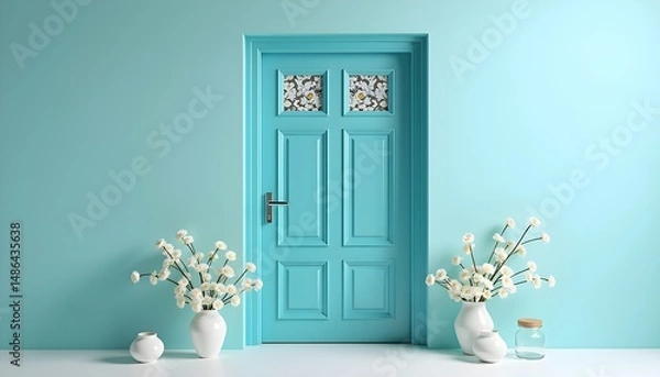 Fototapeta A turquoise door with floral patterns and two white vases with white flowers in front of it