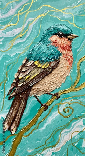 Fototapeta Textured Impasto Bird Painting with Colorful Feathers on Blue Teal Fluid Art Background - Wildlife Art