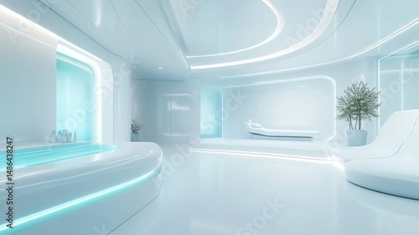 Fototapeta Futuristic biotech skin treatment center featuring advanced design elements and a serene minimalist atmosphere for advanced skincare solutions
