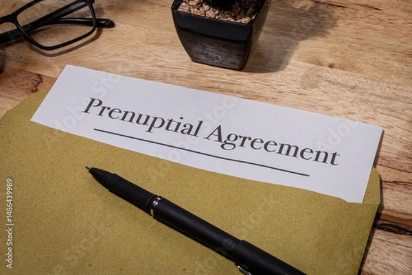 Obraz Prenuptial Agreement Document Resting on Wooden Desk – Legal Preparation Before Marriage