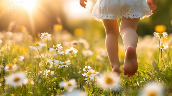 Obraz A child running barefoot through a meadow filled with daisies and the warmth of spring sunlight